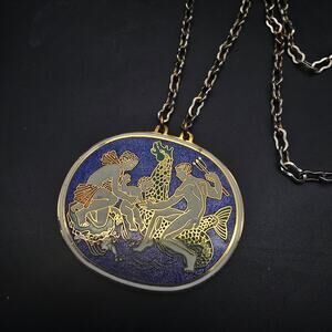 Greek Mythology Cloisonne Pendant Necklace Neptune Enamel Vintage Jewelry